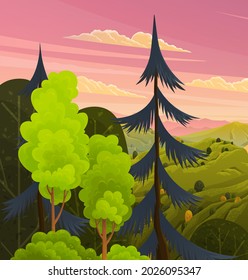 Green landscape with mountains vector illustration with trees and bushes in foreground. Rural summer meadow terrain with pines on hills flat style. Nature green and yellow landscape with pink sky