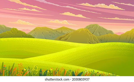 Green landscape with mountains vector illustration with trees and bushes in foreground. Rural summer meadow terrain with pines on hills flat style. Nature green and yellow landscape with pink sky