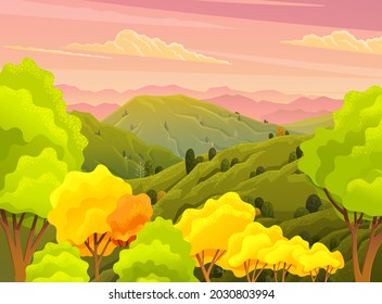 Green landscape with mountains vector illustration with trees and bushes in foreground. Rural summer meadow terrain with pines on hills flat style. Nature green and yellow landscape with pink sky