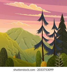 Green landscape with mountains vector illustration with trees and bushes in foreground. Rural summer meadow terrain with pines on hills flat style. Nature green and yellow landscape with pink sky