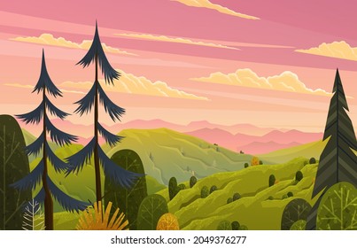 Green landscape with mountains vector illustration with trees and bushes in foreground. Rural summer meadow terrain with pines on hills flat style. Nature green and yellow landscape with pink sky