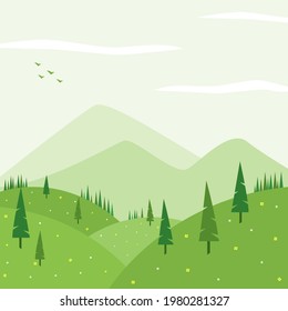 Green landscape nature background vector illustration in flat style. Suitable for web banners, social media, postcard, and many more.