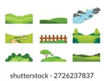 Green landscape nature elements. Vector set of grass hills river and fences for summer outdoor scene construction