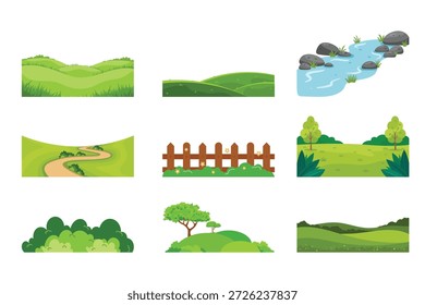 Green landscape nature elements. Vector set of grass hills river and fences for summer outdoor scene construction