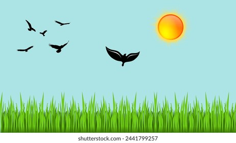 green landscape nature with sun birds  paint wallpaper vector art for wall design and wall decoration home decoration art painting.