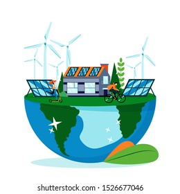 Green Landscape On Earth Planet Surface. Save Earth Day Vector Flat Illustration, Isolated On White Background. Saving Environment Nature. Alternative Energy Generators, Solar Panels And Eco House