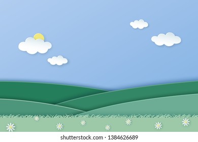 Green landscape in paper art style. Sky, hills, grass and flowers