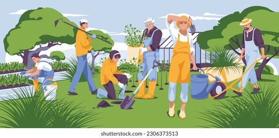 green landscape with people gardening together. Plant plants. water. help. Greenhouse and trees. Flat vector illustration