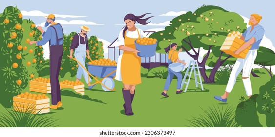 paisaje verde con gente cosechando juntos. Feliz agricultura y agricultura. Invernadero y árboles. Ilustración plana del vector