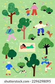 Green landscape with people walking, playing, hiking at city park. Flat cartoon character vector illustration