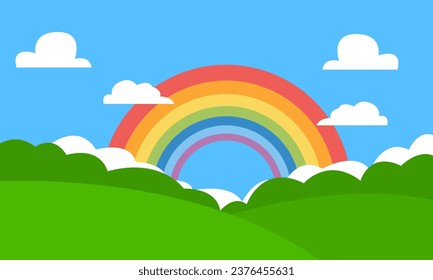 paisaje verde con arcoiris en el cielo azul
