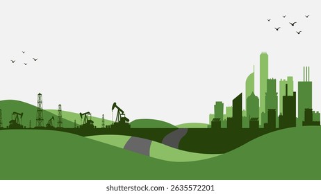 Green landscape with renewable energy windmills and urban cityscape