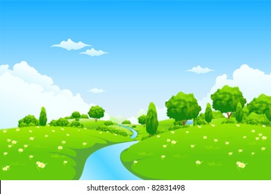 Green Landscape with river trees and flowers for your design