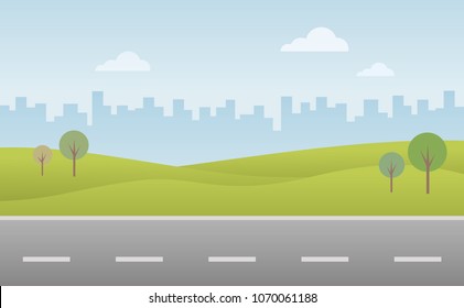 Green landscape with road, blue sky, city vector