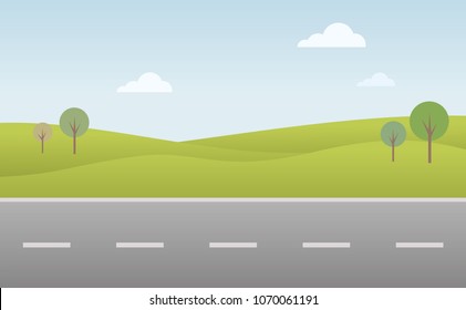 Green landscape with road, blue sky vector