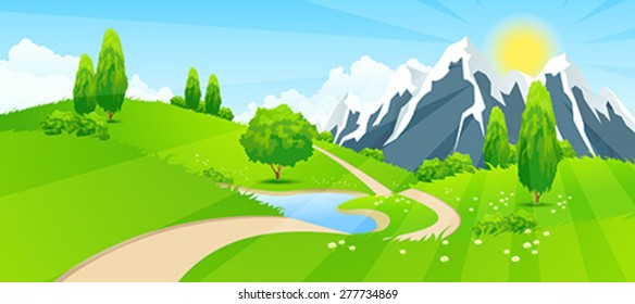 Green Landscape with Road Clouds Lake and Mountains