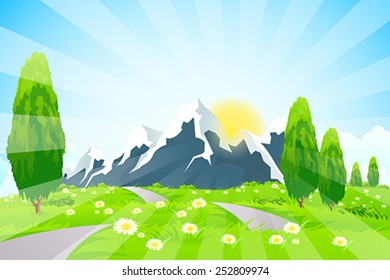 Green Landscape with Road Clouds and mountains
