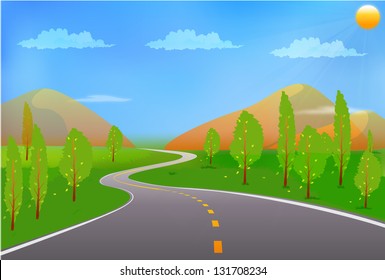 Green landscape with road, sun, trees and clouds