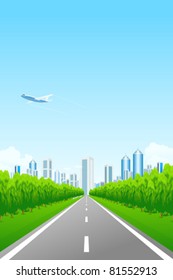 Green landscape with road trees city and clouds