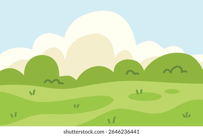 Green Landscape With Rolling Hills And Fluffy White Clouds Against A Blue Sky.