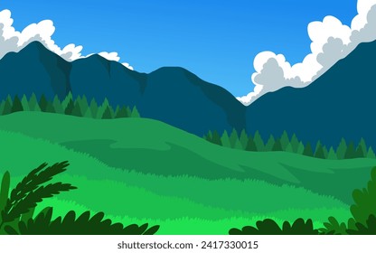 green landscape with sky cartoon illustration vector