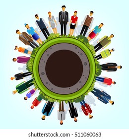 green landscape spherical panorama with crowd of people different professions. Man and woman vector illustration.