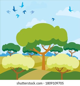 Grüne Landschaftsvorlage, Dschungel, Grün, Bäume, Vektorgrafik, Illustration etc. 