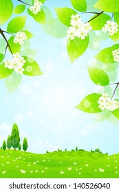 Green Landscape with Tree Branch, Trees and Flowers