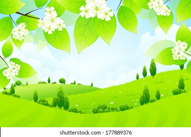 Green Landscape with Tree Branch, Trees and Flowers