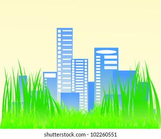 Green landscape with tree city and clouds