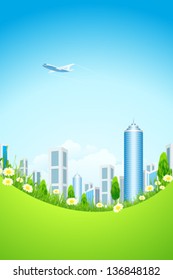 Green landscape with tree city and clouds