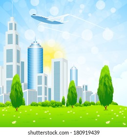 Green landscape with tree city and clouds