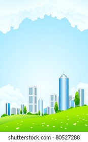 Green landscape with tree city and clouds