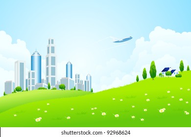 Green landscape with tree city and clouds
