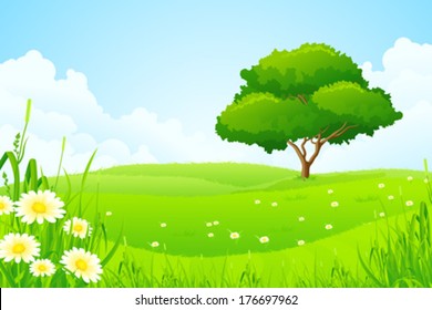 Green Landscape with Tree Clouds and Flowers