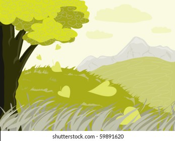 Green landscape with tree and flying in the wind leaves