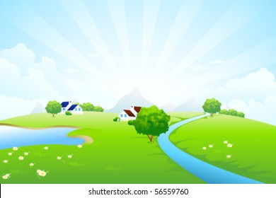 Green landscape with tree lake river house mountains clouds and rays