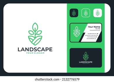 paisaje verde con diseño de logotipo de hoja de árbol y tarjeta de visita