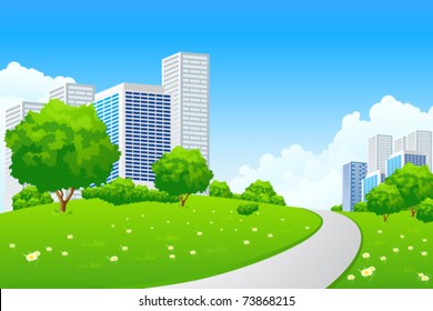 Green landscape with tree road city and clouds