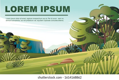 Green landscape with trees bushes plateau mountains bright sunny day flat vector illustration horizontal greetings card for flyer design