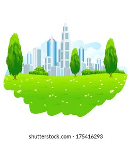 Green landscape with Trees, City and Clouds