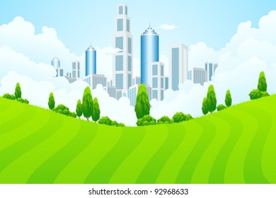 Green landscape with trees and city in clouds