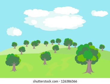Green Landscape with trees clouds flowers and mountains