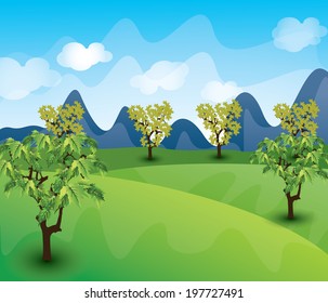 Green Landscape with trees clouds flowers and mountains