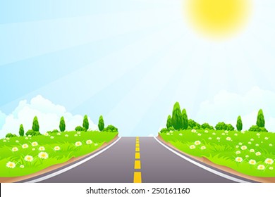Paisaje verde con árboles nubes flores y carretera