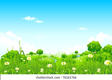 Green Landscape with trees clouds flowers and mountains