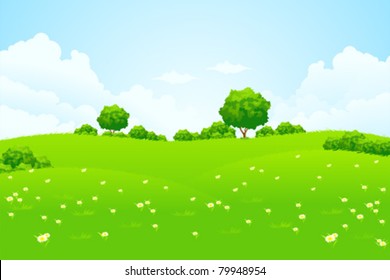 Green Landscape with trees clouds flowers and hills