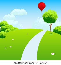 Green Landscape with trees clouds flowers and air balloon.