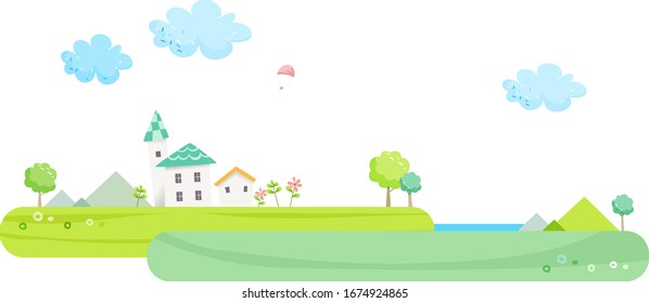 Paisaje verde con nubes arboladas y casa. vector cuento de hadas Ilustración.
