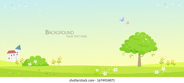 Grüne Landschaft mit Baumwolken und Haus. Märchen-Vektorillustration-Illustration.
